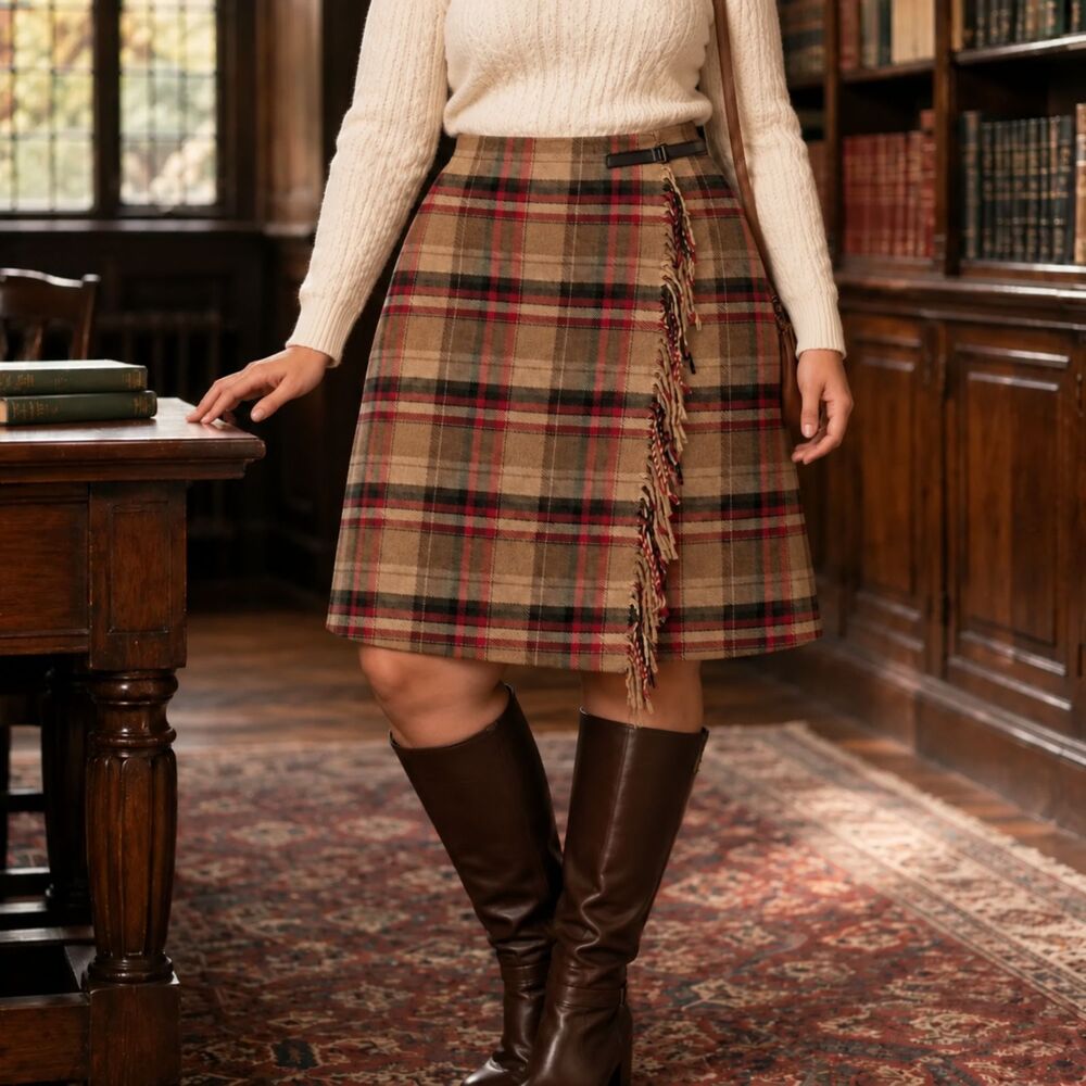 Jaclyn Smith Plaid Wool Blend Faux Fringe Wrap Skirt Tartan 18 Dark Academia